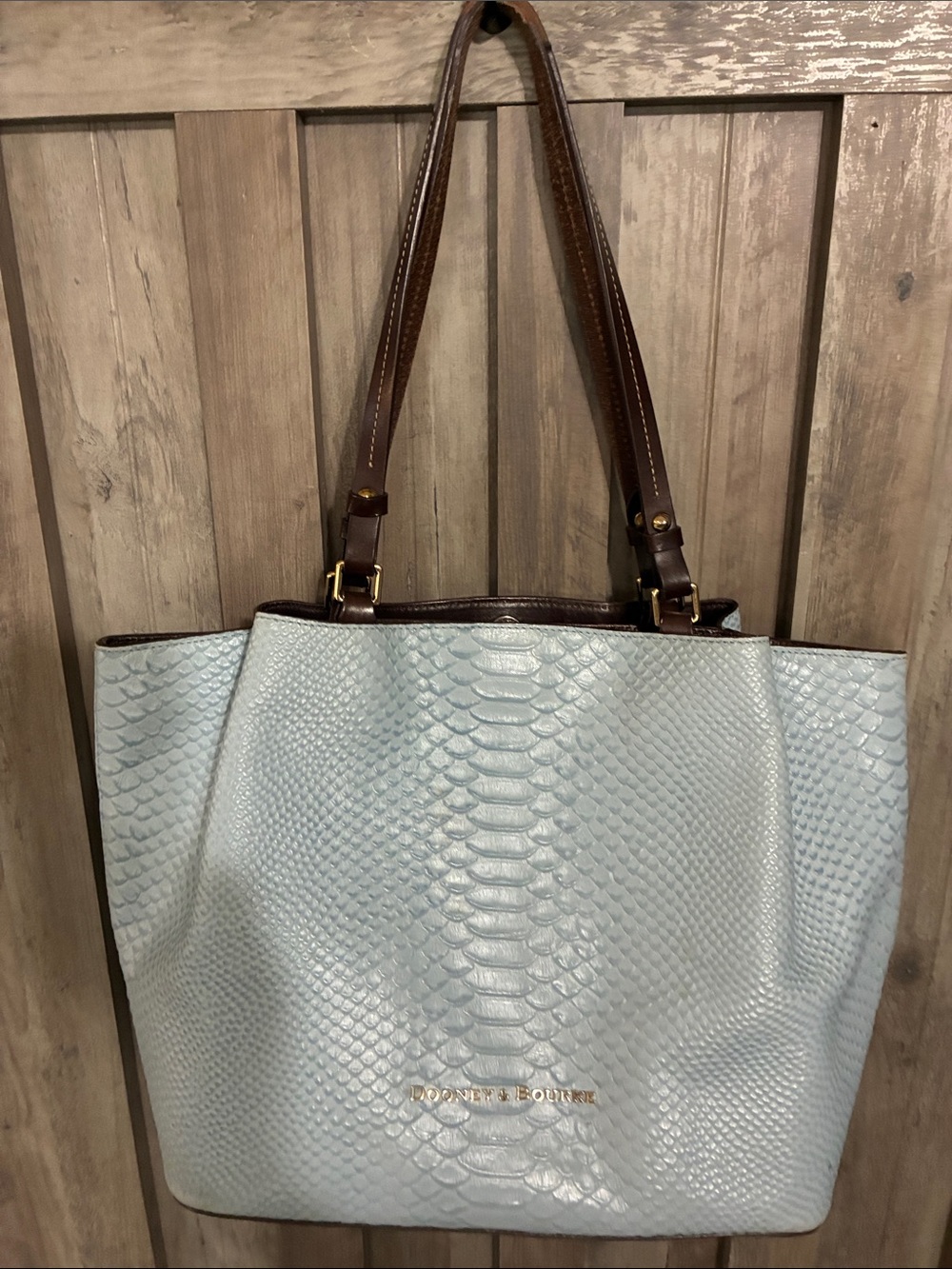 Dooney & Bourke Light Blue Snake-Embossed Tote with Brown Straps  Red interior